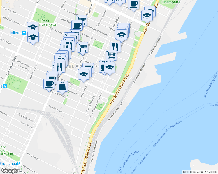 map of restaurants, bars, coffee shops, grocery stores, and more near 584 Rue Cuvillier in Montréal