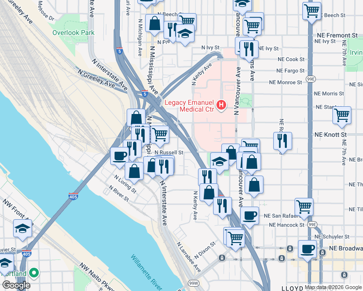 map of restaurants, bars, coffee shops, grocery stores, and more near 2624 N Borthwick Ave in Portland
