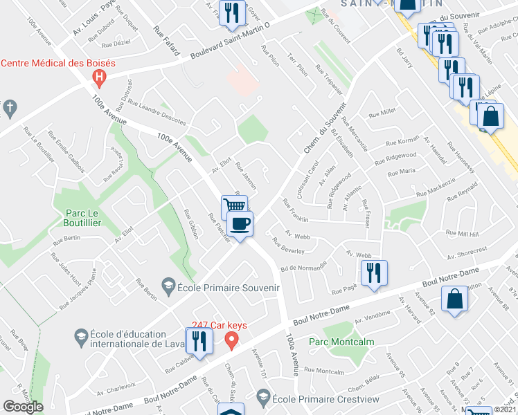 map of restaurants, bars, coffee shops, grocery stores, and more near 4561 Chemin du Souvenir in Laval