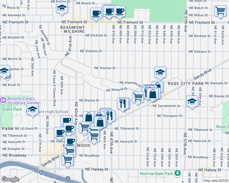 map of restaurants, bars, coffee shops, grocery stores, and more near 4714 Northeast Wistaria Drive in Portland