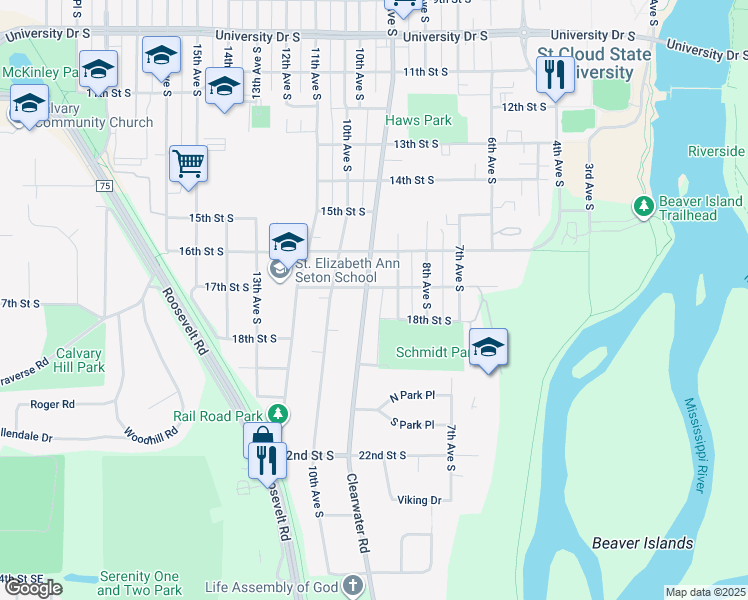 map of restaurants, bars, coffee shops, grocery stores, and more near 1710 Clearwater Road in St. Cloud