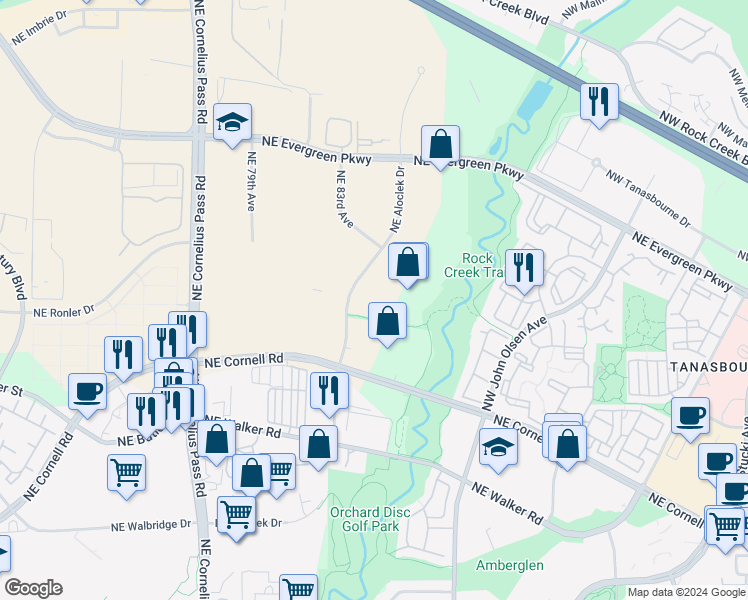 map of restaurants, bars, coffee shops, grocery stores, and more near 3030 Northeast Aloclek Drive in Hillsboro