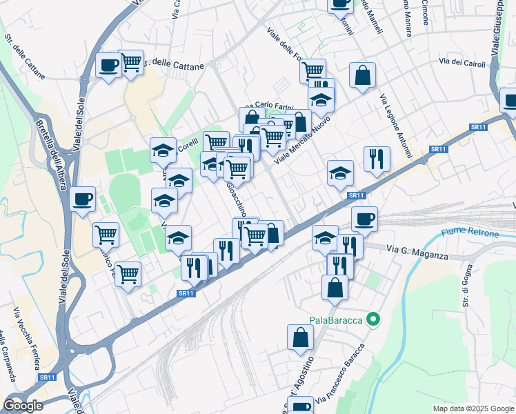 map of restaurants, bars, coffee shops, grocery stores, and more near 26 Via Pietro Mascagni in Vicenza