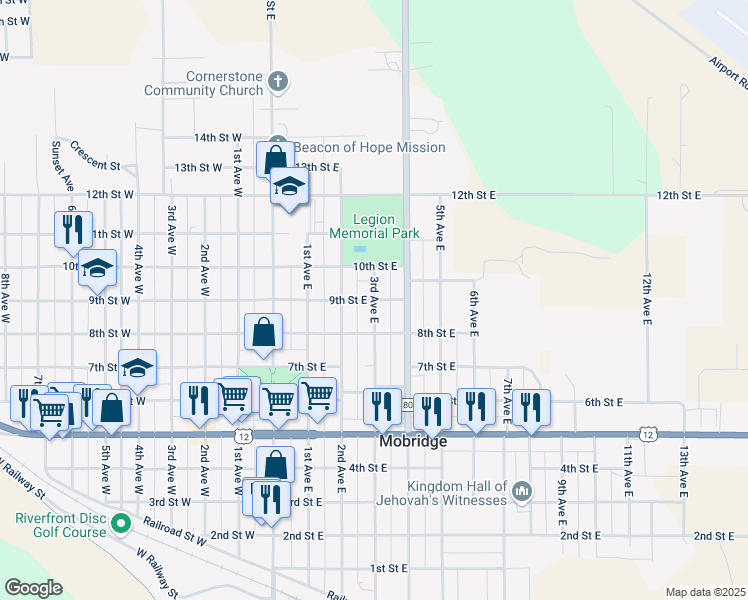 map of restaurants, bars, coffee shops, grocery stores, and more near 400 9th Street East in Mobridge