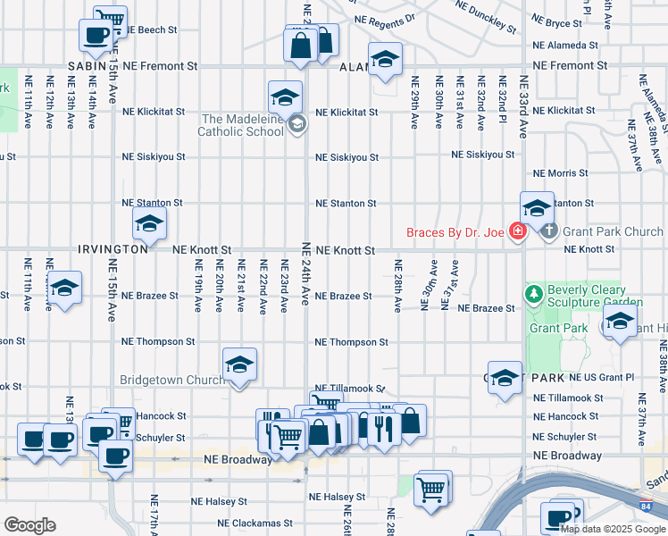 map of restaurants, bars, coffee shops, grocery stores, and more near 2614 Northeast 25th Avenue in Portland