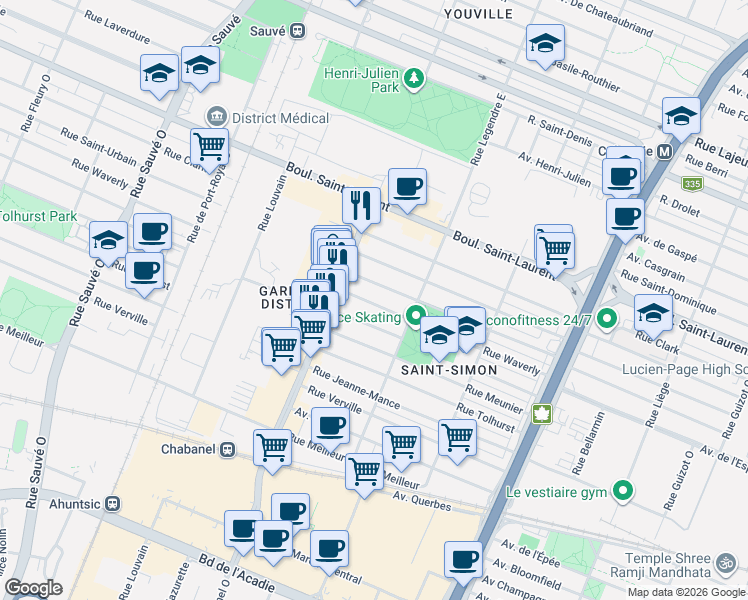 map of restaurants, bars, coffee shops, grocery stores, and more near 9205 Rue Waverly in Montreal