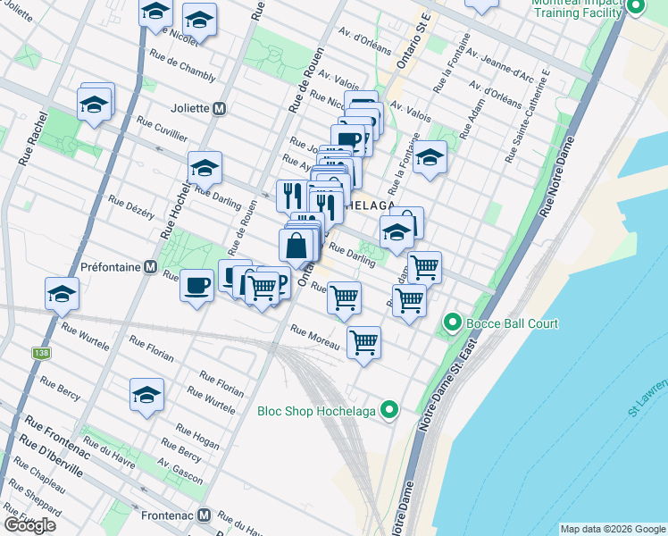 map of restaurants, bars, coffee shops, grocery stores, and more near 1879 Rue Saint-Germain in Montréal