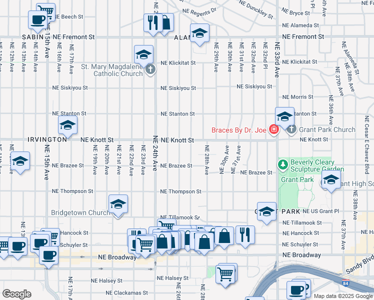 map of restaurants, bars, coffee shops, grocery stores, and more near 2615 Northeast 27th Avenue in Portland