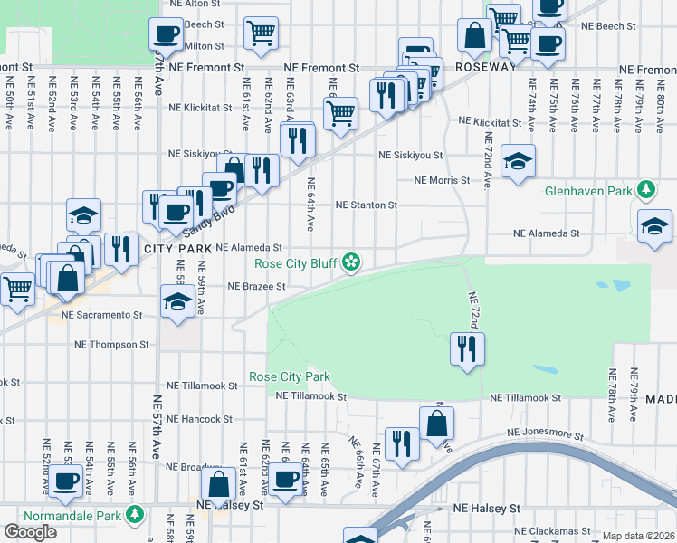 map of restaurants, bars, coffee shops, grocery stores, and more near 2623 Northeast 65th Avenue in Portland