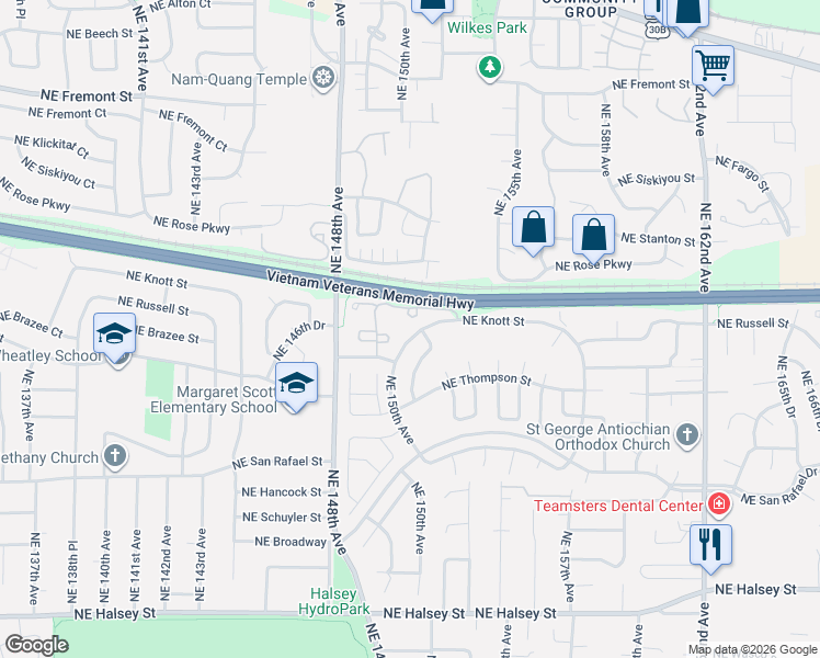 map of restaurants, bars, coffee shops, grocery stores, and more near 15035 Northeast Sacramento Street in Portland