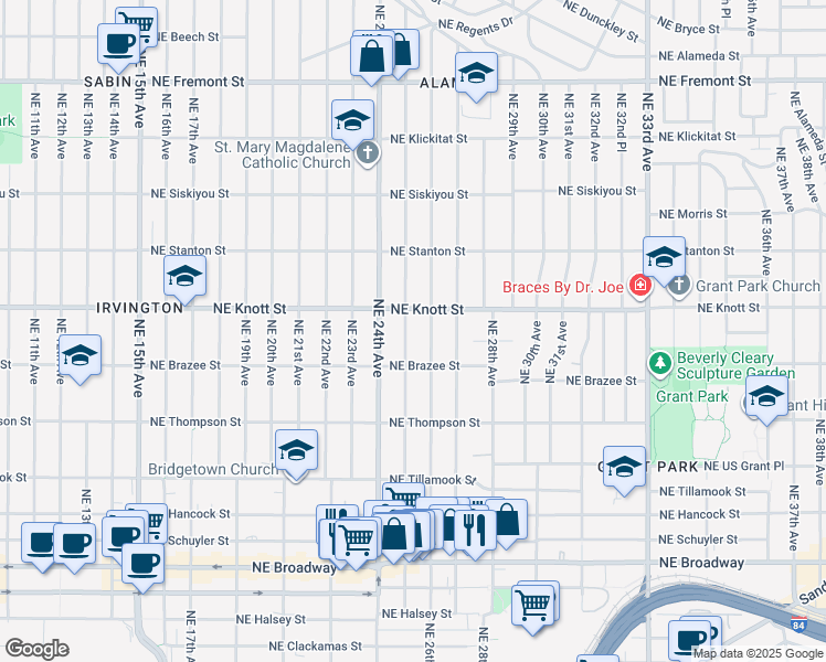 map of restaurants, bars, coffee shops, grocery stores, and more near 2614 Northeast 25th Avenue in Portland
