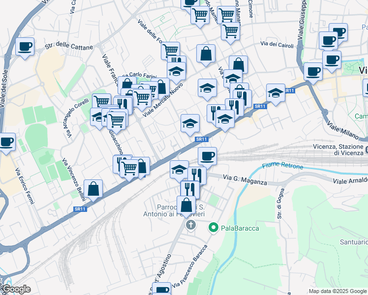 map of restaurants, bars, coffee shops, grocery stores, and more near 98 Viale Verona in Vicenza