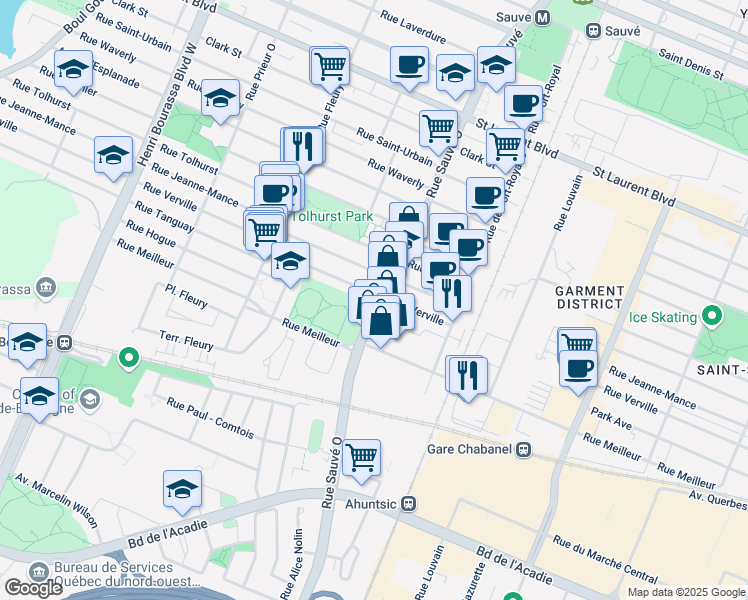 map of restaurants, bars, coffee shops, grocery stores, and more near 9910 Rue Verville in Montréal