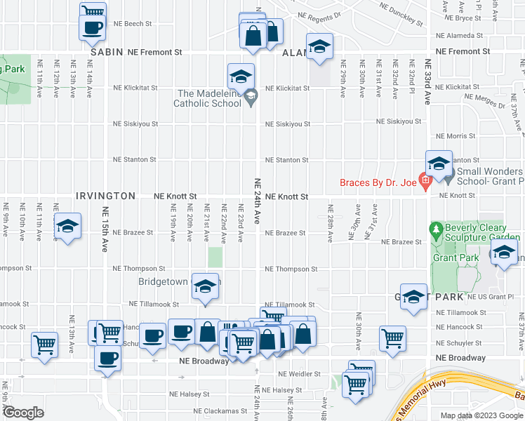 map of restaurants, bars, coffee shops, grocery stores, and more near 2614 Northeast 24th Avenue in Portland