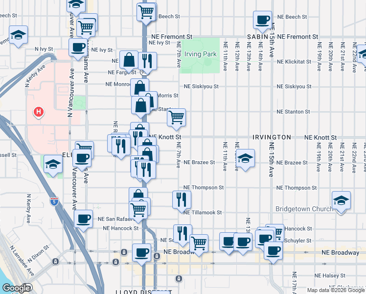 map of restaurants, bars, coffee shops, grocery stores, and more near 2608 Northeast 7th Avenue in Portland