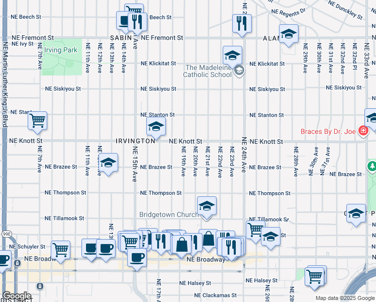 map of restaurants, bars, coffee shops, grocery stores, and more near 2614 Northeast 19th Avenue in Portland