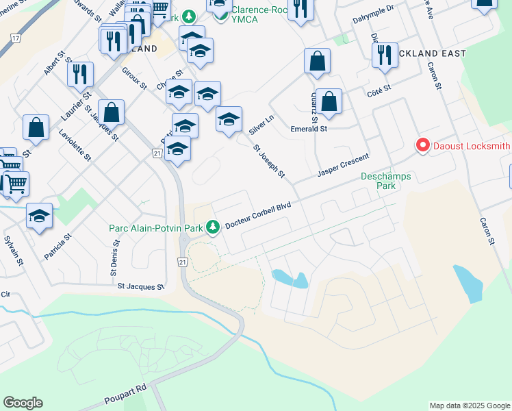map of restaurants, bars, coffee shops, grocery stores, and more near 2217 Marble Crescent in Clarence-Rockland