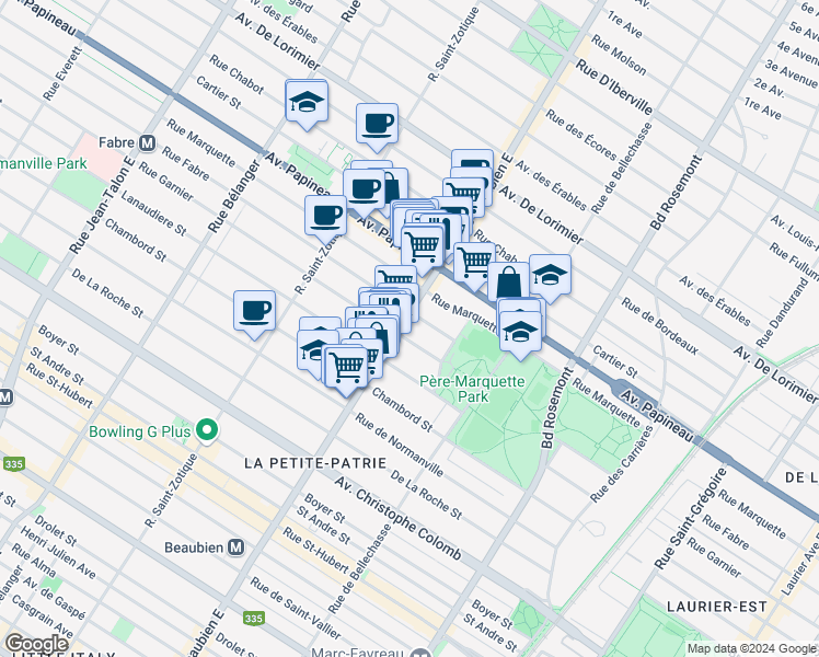 map of restaurants, bars, coffee shops, grocery stores, and more near 6377 Rue Garnier in Montrã©Al