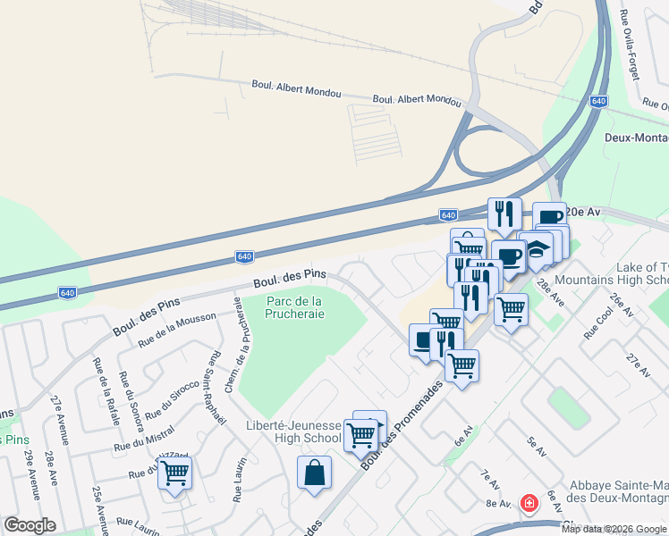 map of restaurants, bars, coffee shops, grocery stores, and more near 2291 Boulevard des Pins in Sainte-Marthe-sur-le-Lac