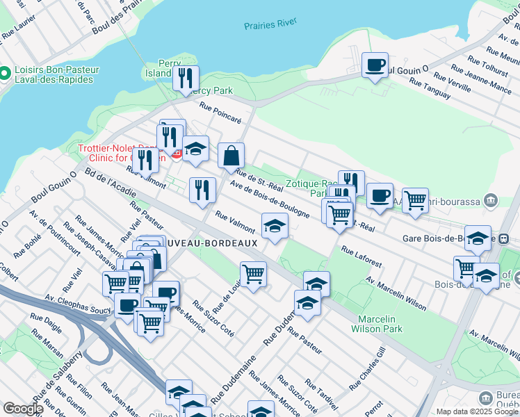 map of restaurants, bars, coffee shops, grocery stores, and more near 11885 Rue Desenclaves in Montréal