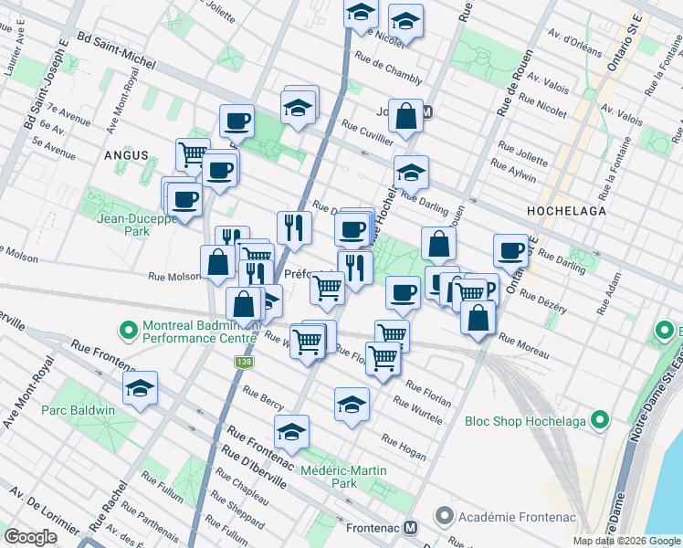 map of restaurants, bars, coffee shops, grocery stores, and more near in Montreal