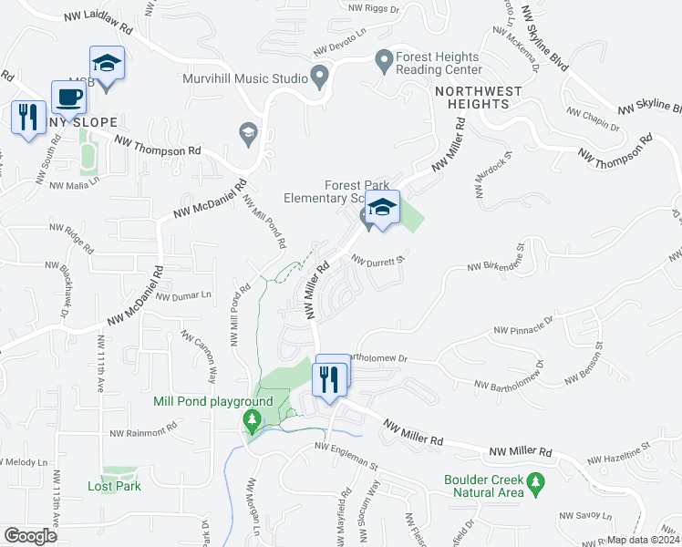 map of restaurants, bars, coffee shops, grocery stores, and more near 2533 Northwest Stimpson Lane in Portland