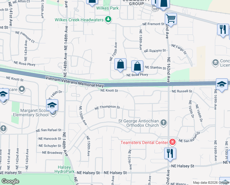 map of restaurants, bars, coffee shops, grocery stores, and more near 15510 Northeast Knott Street in Portland