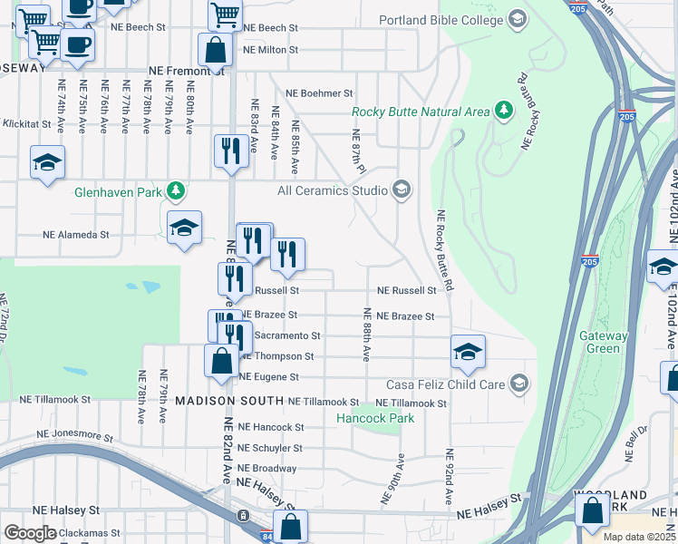map of restaurants, bars, coffee shops, grocery stores, and more near 2840 Northeast 86th Avenue in Portland