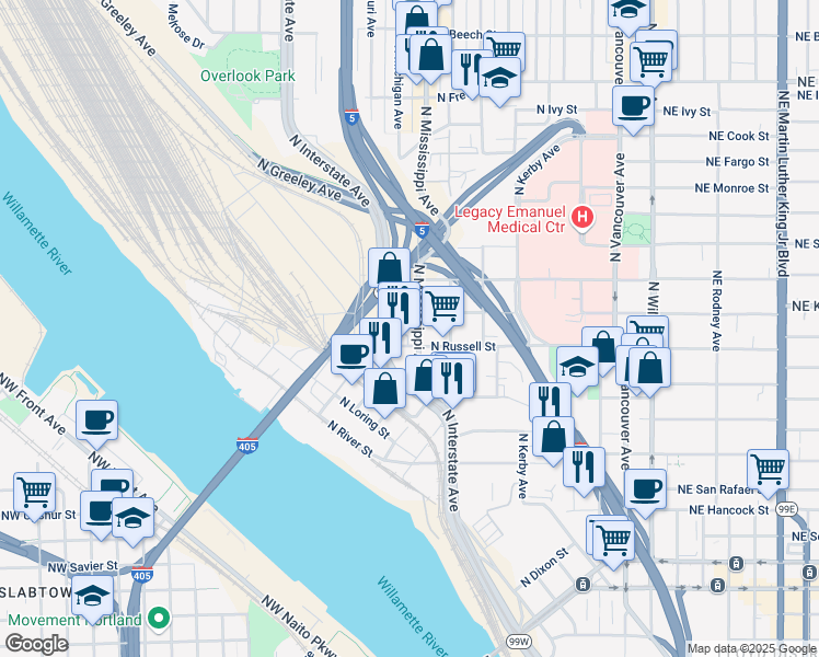 map of restaurants, bars, coffee shops, grocery stores, and more near 2631 North Mississippi Avenue in Portland