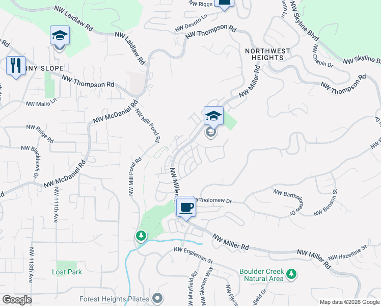 map of restaurants, bars, coffee shops, grocery stores, and more near 2527 Northwest Fern Ridge Drive in Portland