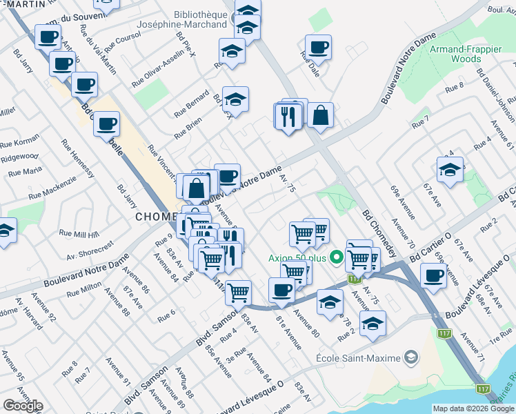 map of restaurants, bars, coffee shops, grocery stores, and more near 1750 Montée Masson in Laval