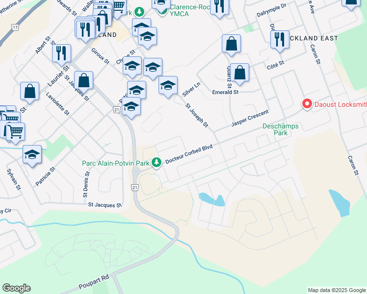 map of restaurants, bars, coffee shops, grocery stores, and more near 2217 Marble Crescent in Clarence-Rockland