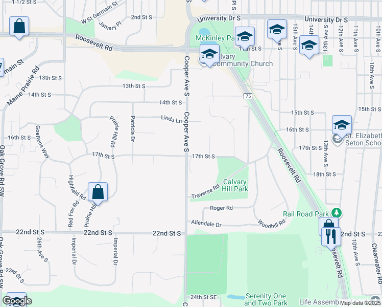map of restaurants, bars, coffee shops, grocery stores, and more near 1700 Cooper Avenue South in St. Cloud