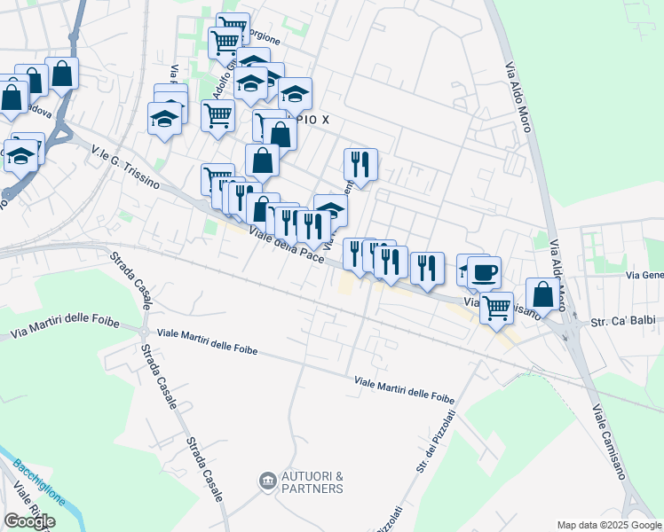 map of restaurants, bars, coffee shops, grocery stores, and more near 224 Viale della Pace in Vicenza