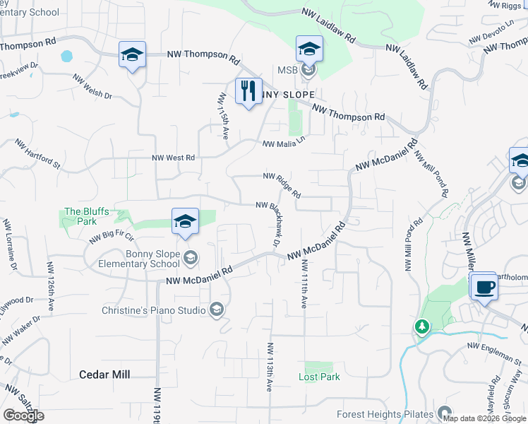 map of restaurants, bars, coffee shops, grocery stores, and more near 11340 Northwest Blackhawk Drive in Portland