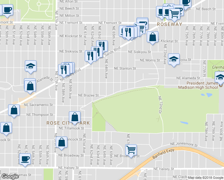 map of restaurants, bars, coffee shops, grocery stores, and more near 2623 Northeast 65th Avenue in Portland