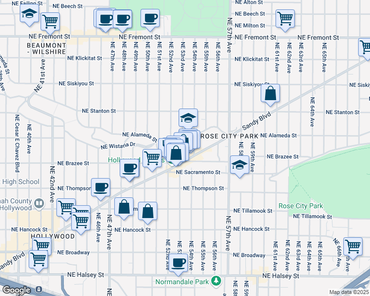 map of restaurants, bars, coffee shops, grocery stores, and more near 5303 Northeast Wistaria Drive in Portland