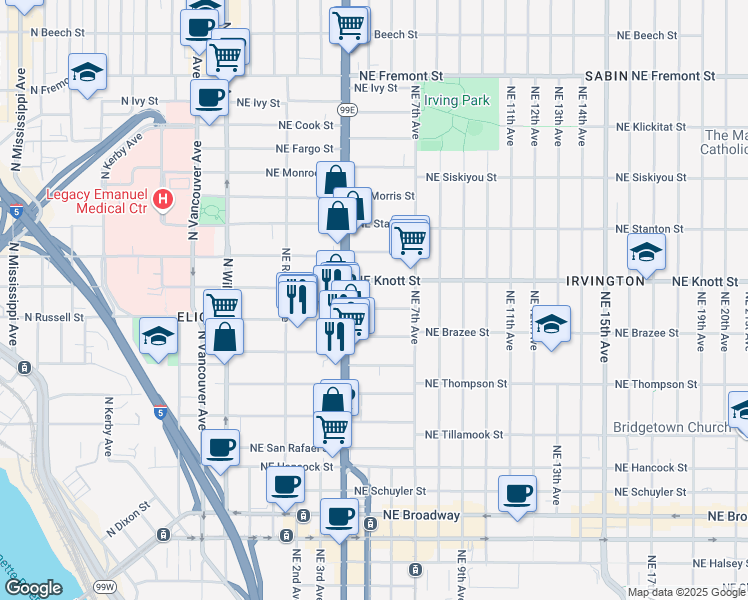 map of restaurants, bars, coffee shops, grocery stores, and more near 2613 Northeast 6th Place in Portland