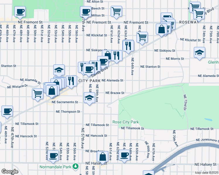 map of restaurants, bars, coffee shops, grocery stores, and more near 2535 Northeast 61st Avenue in Portland