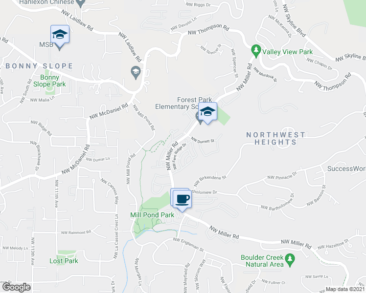 map of restaurants, bars, coffee shops, grocery stores, and more near 2527 Northwest Fern Ridge Drive in Portland