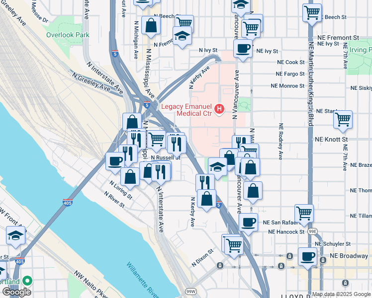 map of restaurants, bars, coffee shops, grocery stores, and more near Interstate 5 in Portland