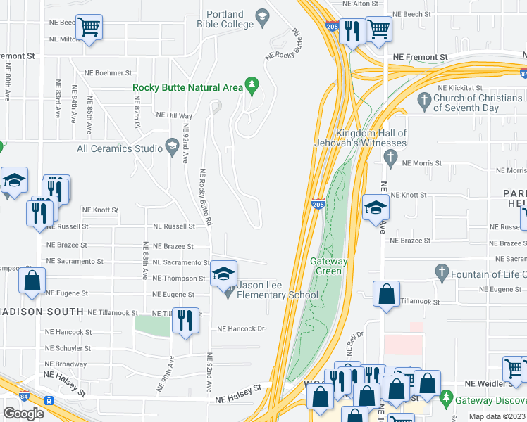 map of restaurants, bars, coffee shops, grocery stores, and more near 3020 Northeast Rocky Butte Road in Portland