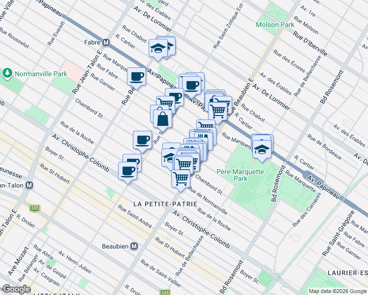 map of restaurants, bars, coffee shops, grocery stores, and more near 6583 Rue de Lanaudière in Montréal
