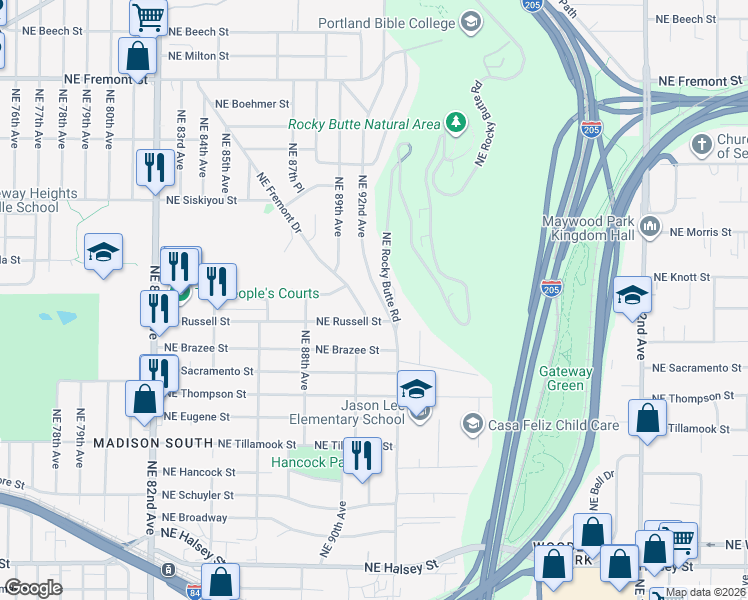 map of restaurants, bars, coffee shops, grocery stores, and more near 2619 Northeast 92nd Avenue in Portland