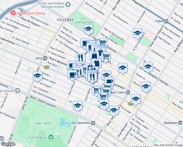 map of restaurants, bars, coffee shops, grocery stores, and more near 7541 Rue Lajeunesse in Montréal