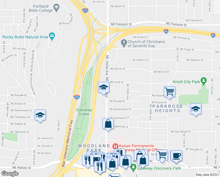 map of restaurants, bars, coffee shops, grocery stores, and more near 2650 Northeast 102nd Avenue in Portland