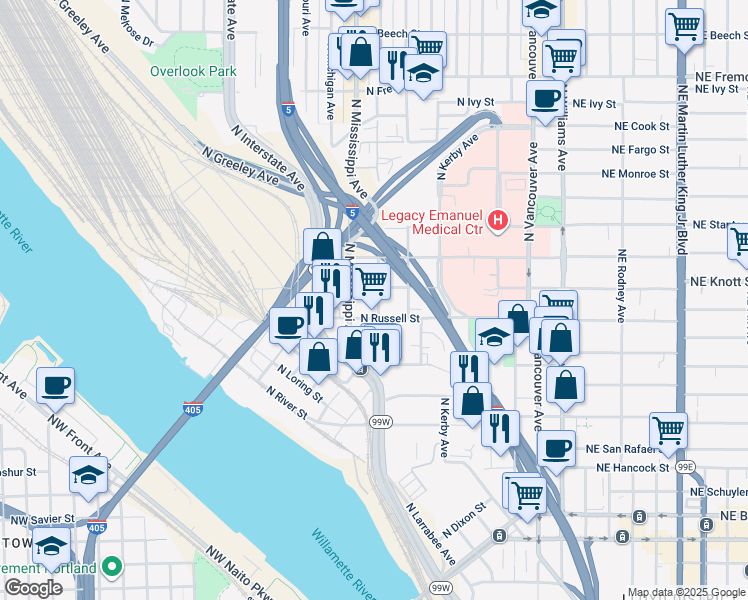 map of restaurants, bars, coffee shops, grocery stores, and more near 2631 North Albina Avenue in Portland