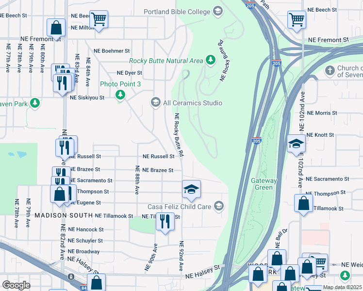 map of restaurants, bars, coffee shops, grocery stores, and more near 2615 Northeast Rocky Butte Road in Portland