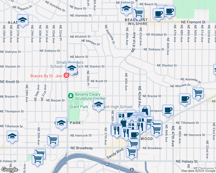 map of restaurants, bars, coffee shops, grocery stores, and more near 2614 Northeast 37th Avenue in Portland