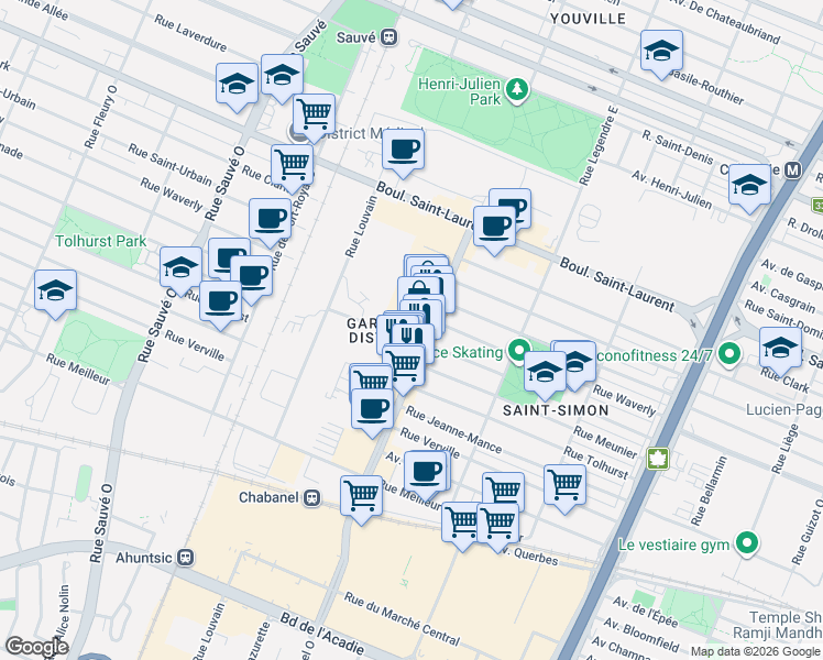 map of restaurants, bars, coffee shops, grocery stores, and more near 125 Rue Chabanel Ouest in Montréal